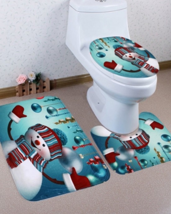 Christmas Baubles Snowman Pattern 3 Pcs Bath Mat Toilet Mat