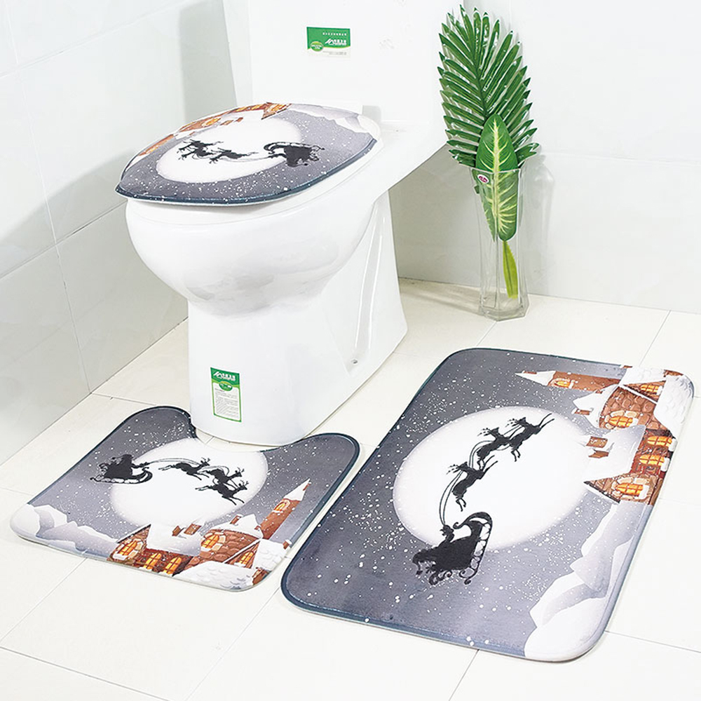 Christmas Toilet Seat Three-Piece Non-Slip Absorbent Bathroom Mat